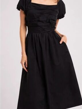 Elie Tahari Black Square-Neck Midi Dress with Puff Sleeves and Layered Bodice
